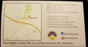 Business card shows where to go to attend church.  